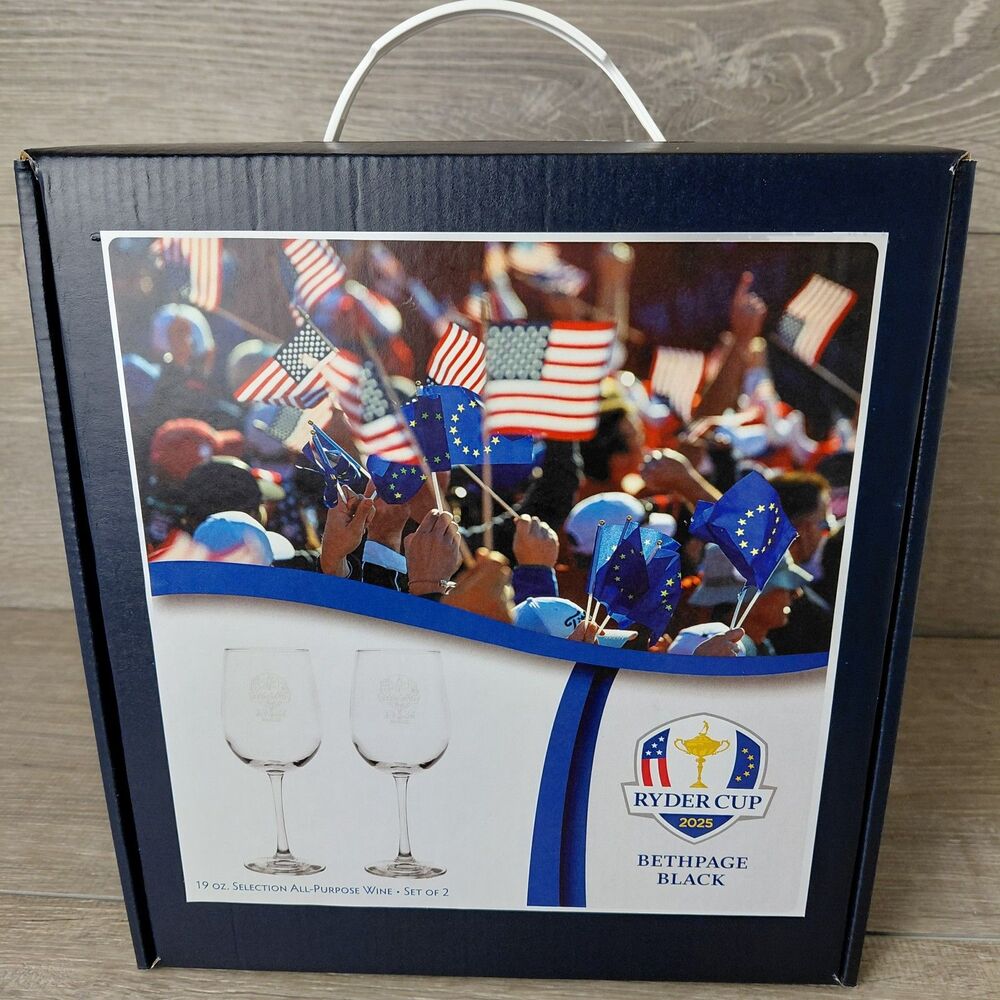 2025 Ryder Cup Golf Wine Glasses Set Of 2 Long Stem Etched Trophy Bethpage USA
